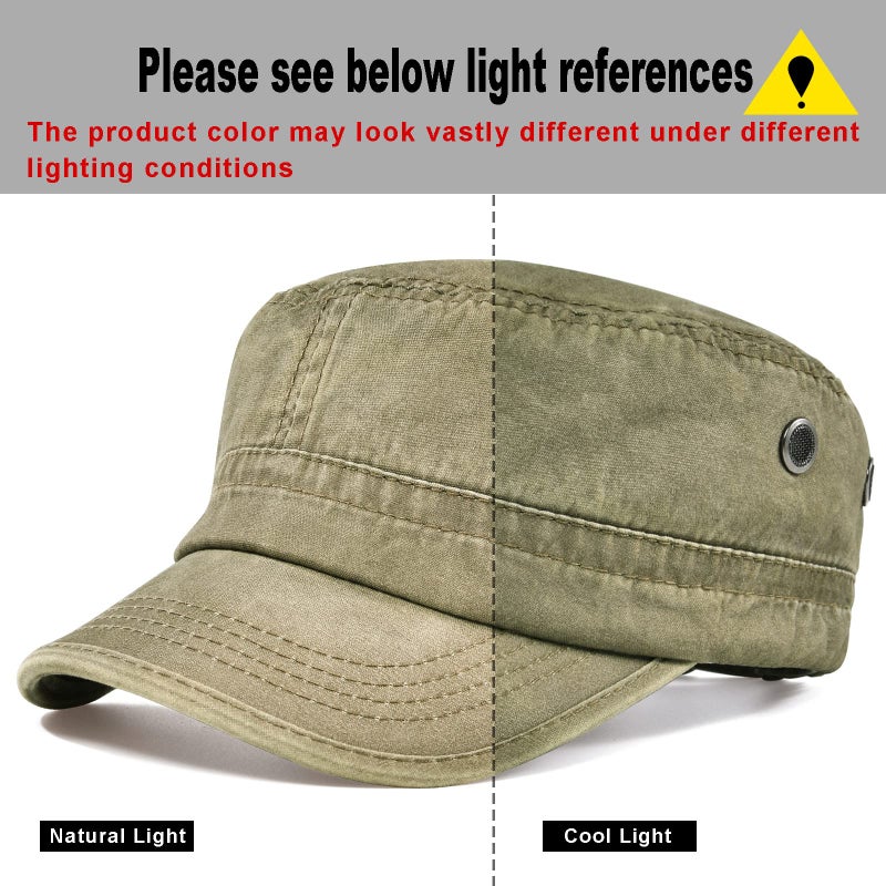 VOBOOM Washed Cotton Military Cadet Army Caps Unique Design Vintage Flat Top Hat (Khaki) - Image 2